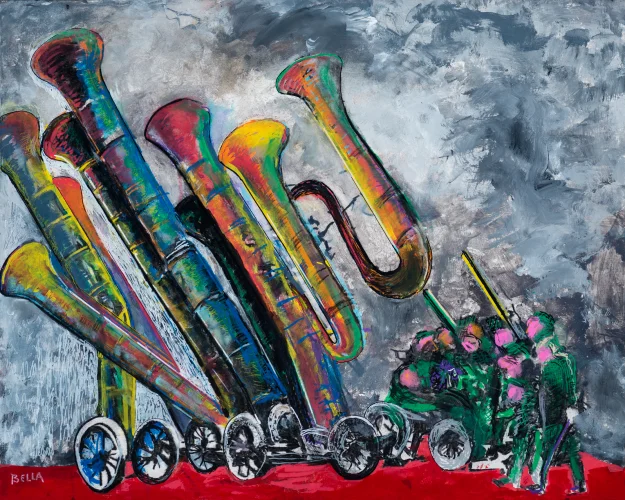 War Tubas, Acrylic on Canvas, 24 x 30 x 2 inch, 2022