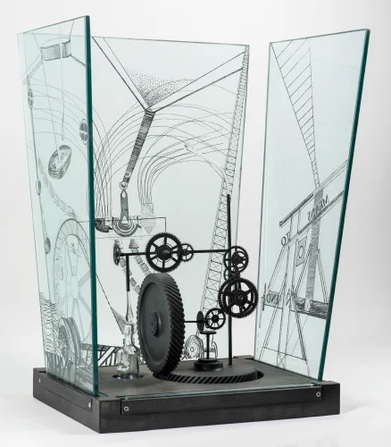 Means to an End, Steel and Etched Glass, 26 x 17 x 14 inch, 2012