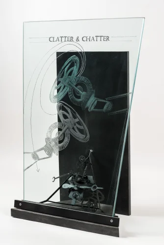 Dark Noise, Steel and Etched Glass, 20 x 20 x 20 inch, 2013