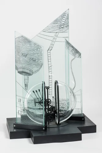 Half Past, Steel and Etched Glass, 24 x 20 x 16 inch, 2013